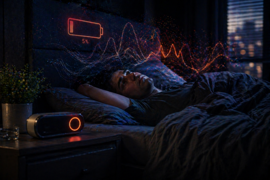 An investigative editorial visual explaining why am I still tired after 8 hours of sleep, showing a stressed biological baseline despite spending time in bed.