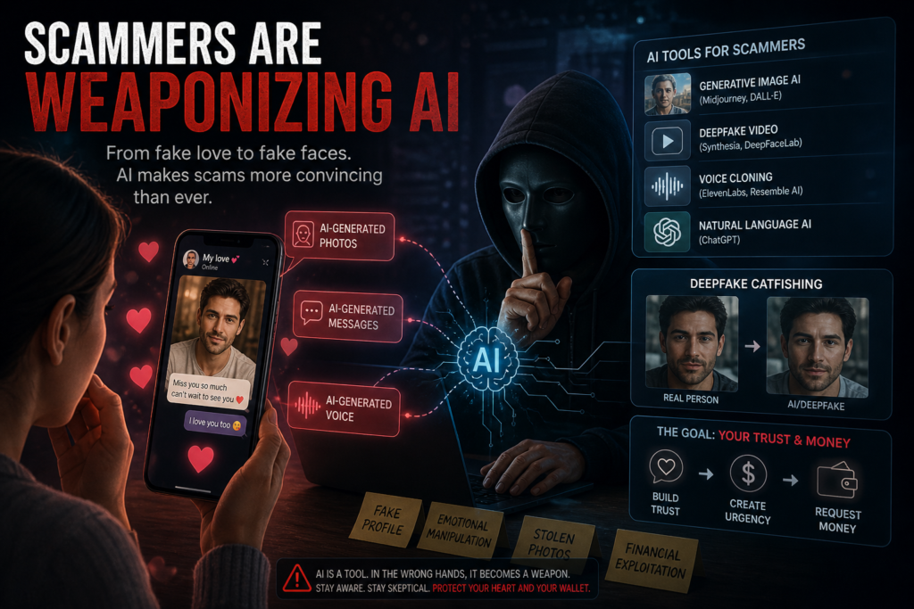 Infographic titled 'SCAMMERS ARE WEAPONIZING AI' illustrating how artificial intelligence fuels sophisticated AI romance scams. The image details how fraudsters use generative tools for images, deepfake video, voice cloning, and natural language processing (like ChatGPT) to create convincing fake profiles, messages, and voices. A central visualization connects a user to these AI weapons, showing how emotional manipulation is scaled to steal trust and money, including a warning about staying skeptical against digital deception.