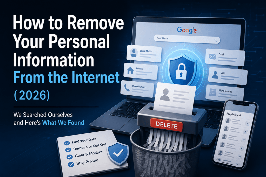 Dark-themed cybersecurity illustration showing a laptop and smartphone removing personal information from the internet, with privacy shields, deleted data cards, and online identity protection concepts for a 2026 digital privacy guide.