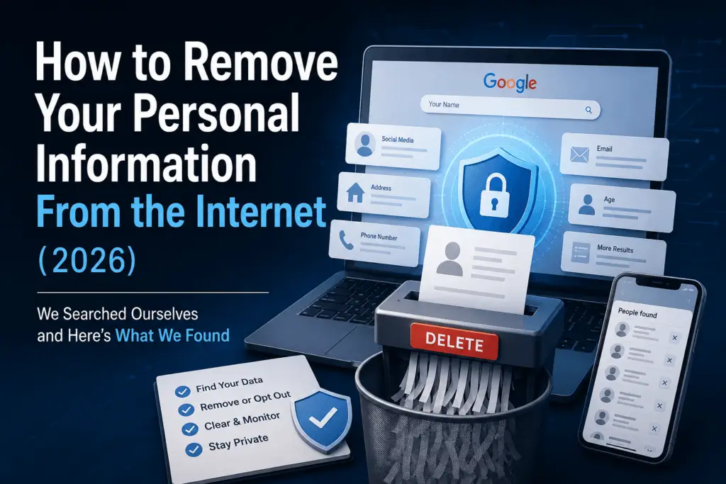 4454 Dark-themed cybersecurity illustration showing a laptop and smartphone removing personal information from the internet, with privacy shields, deleted data cards, and online identity protection concepts for a 2026 digital privacy guide.