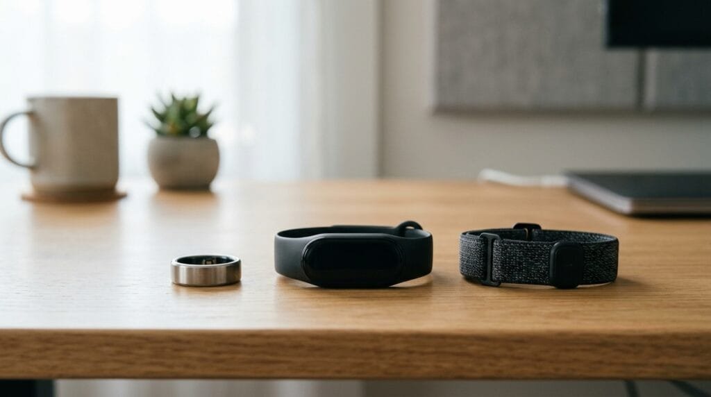 Fitbit Air vs Whoop and Oura: a smart ring, a screenless fitness band and a fabric strap tracker on a desk