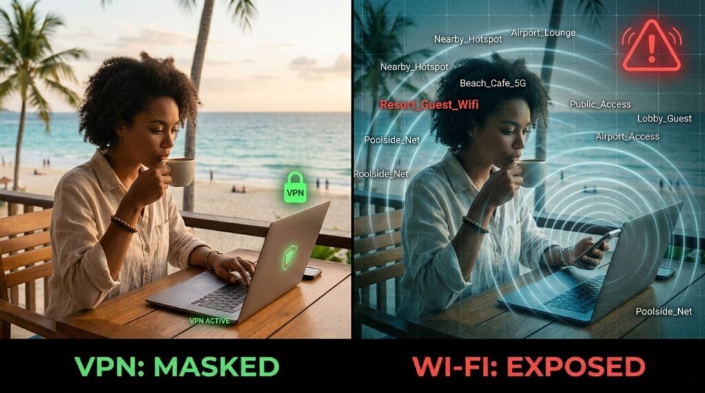 8709 VPN travel router masking IP while Wi-Fi signal reveals real location
