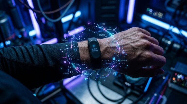 "Close-up of a minimalist, screenless fitness tracker on a wrist, surrounded by glowing digital data particles in a dark, high-tech environment with blue and violet neon lighting, representing health tracking and data privacy."