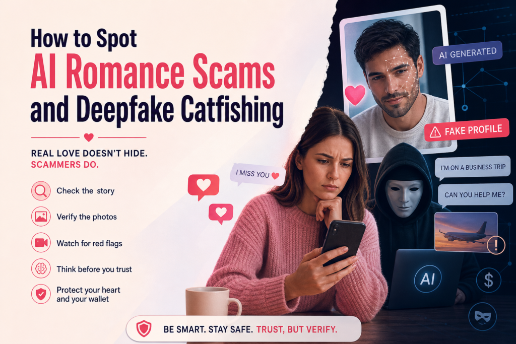 Visual guide to AI romance scams and deepfake catfishing, featuring a fake AI-generated profile, a hidden scammer, and a woman checking suspicious messages on her phone.