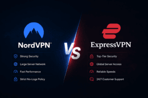 Dark-themed comparison banner showing NordVPN vs ExpressVPN with a glowing “VS” divider, highlighting security, speed, and server features for both VPN services.