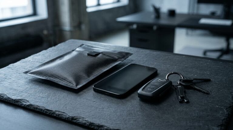 Black carbon fiber Faraday bag resting on a dark slate desk next to a smartphone and a motorcycle key fob
