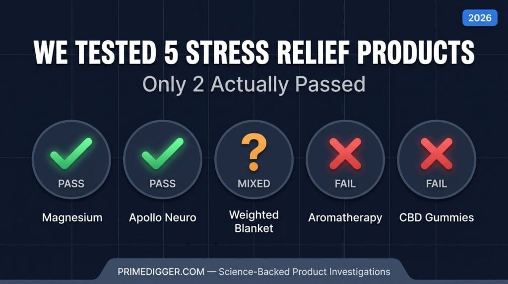Do stress relief products work? We tested 5 popular products — magnesium glycinate and Apollo Neuro passed, while aromatherapy and CBD gummies failed our clinical review.