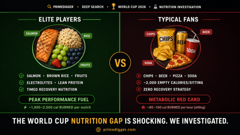 An infographic by PrimeDigger comparing what do football players eat for peak performance versus a typical fan's game-day diet. The elite side features salmon, brown rice, and fruits, highlighting recovery nutrition and high calorie burn. The fan side highlights processed food like pizza, chips, and beer, illustrating the World Cup nutrition gap.