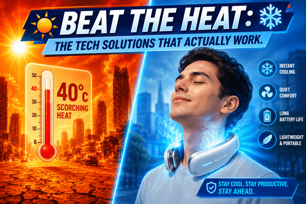 **Alt text:** A split-screen promotional graphic contrasting extreme heat with cooling technology. The left side shows a scorching urban cityscape under a blazing sun, with cracked ground, orange-red heat haze, and a large thermometer displaying 40°C. The right side features a relaxed person wearing a futuristic white-and-silver neck cooling device illuminated by blue LED lights and surrounded by a cool blue mist. A bold headline across the top reads, “BEAT THE HEAT: THE TECH SOLUTIONS THAT ACTUALLY WORK.” The design uses strong visual contrast between fiery warm tones and refreshing cool blues to emphasize relief from high temperatures.