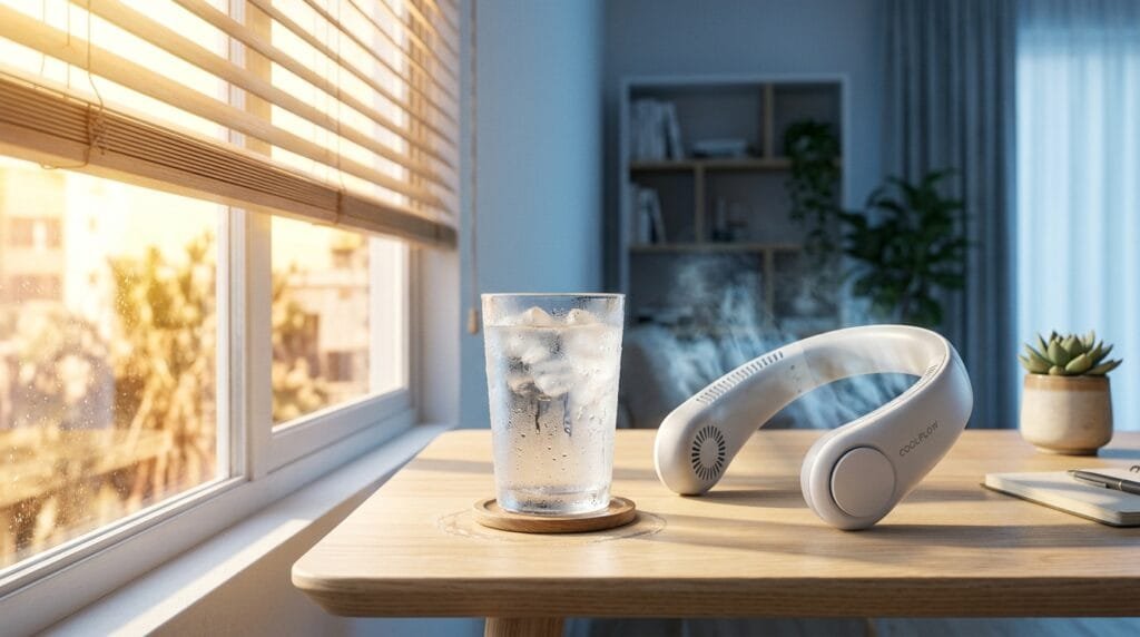 Wearable cooling fan and iced water on a desk during a UK heatwave