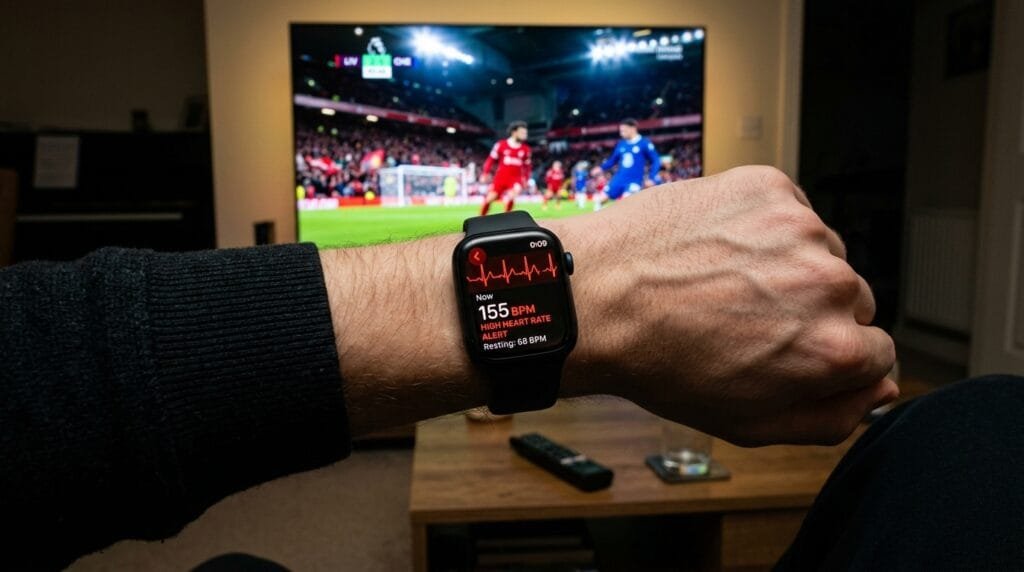 8670 Smartwatch displaying a high heart rate alert of 155 BPM during a stressful football match