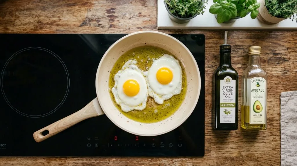 Two sunny-side-up eggs frying in a ceramic non-stick skillet on a kitchen stovetop, glistening with Extra Virgin Olive Oil and bathed in warm morning light.