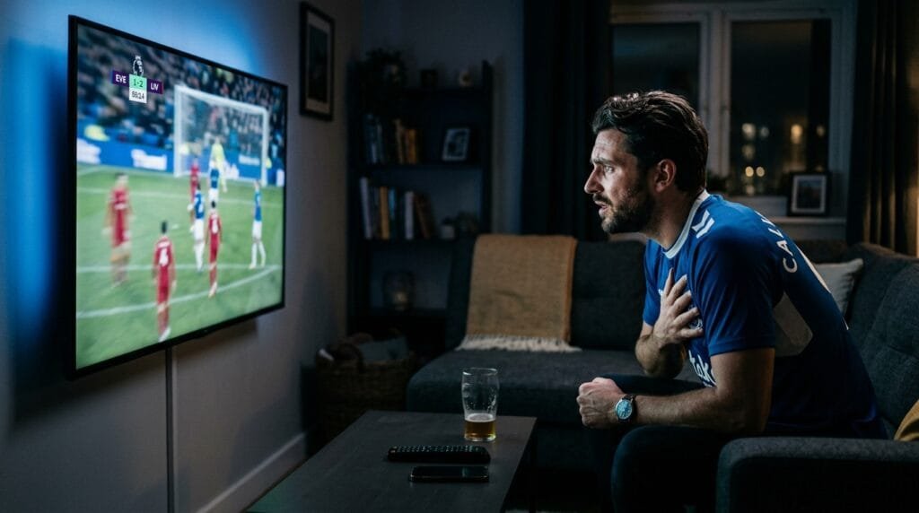 Stressed football fan clutching his chest while watching a tense match on TV, illustrating the risk of heart attacks triggered by watching sports