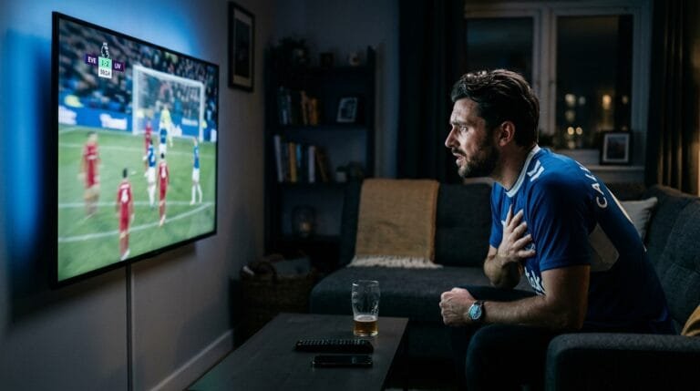 Stressed football fan clutching his chest while watching a tense match on TV, illustrating the risk of heart attacks triggered by watching sports