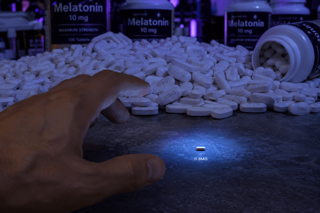 Melatonin dosage too high conceptual image showing overwhelming large 10mg pills vs. precise micro-dose.