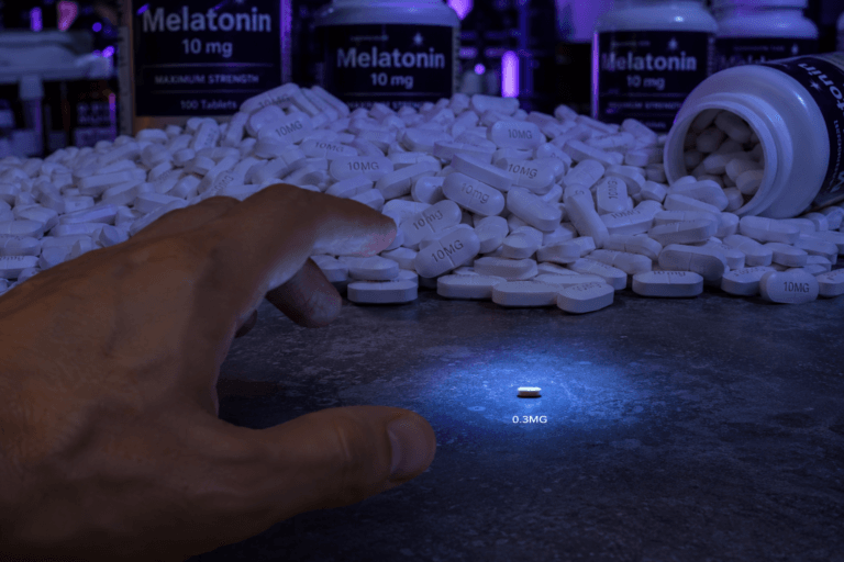 Melatonin dosage too high conceptual image showing overwhelming large 10mg pills vs. precise micro-dose.