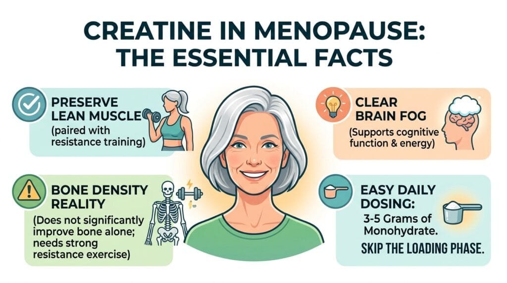 8389 "Infographic titled Creatine in Menopause: The Essential Facts. It features a mature woman surrounded by four key takeaways about creatine for menopausal women: it preserves lean muscle when paired with resistance training, helps clear brain fog, does not build bone density on its own, and requires a simple daily dose of 3 to 5 grams without a loading phase."