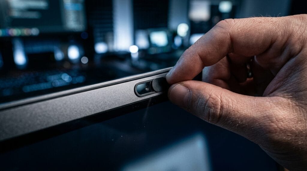 "Close-up of a hand carefully applying an ultra-thin metal laptop webcam cover to a modern sleek laptop screen in a high-tech workspace, ensuring digital privacy and screen safety."