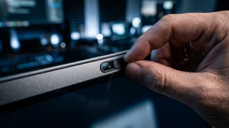 "Close-up of a hand carefully applying an ultra-thin metal laptop webcam cover to a modern sleek laptop screen in a high-tech workspace, ensuring digital privacy and screen safety."