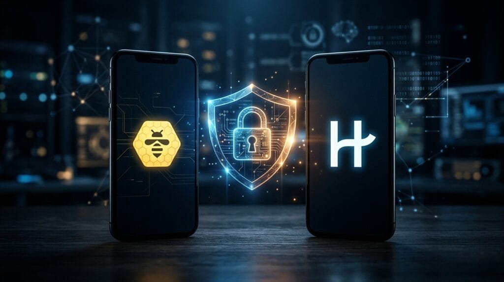 Bumble vs Hinge privacy settings comparison showing digital privacy protection and online dating app security features.