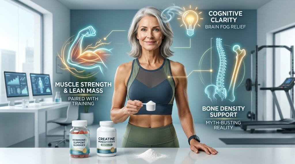 nfographic illustration for menopausal women's health showing a smiling mature woman in athletic gear holding a scoop of creatine powder, surrounded by graphics highlighting specific health benefits. Labeled overlays include 'Bone Density' (Myth-Busting Reality), 'Cognitive Support' (Brain Fog Relief), and 'Lean Muscle Gain' (Strength Support). Two supplement bottles (Bulk Supplements Creatine and Clean Nutra Menopause) rest on the table in a modern home gym setting