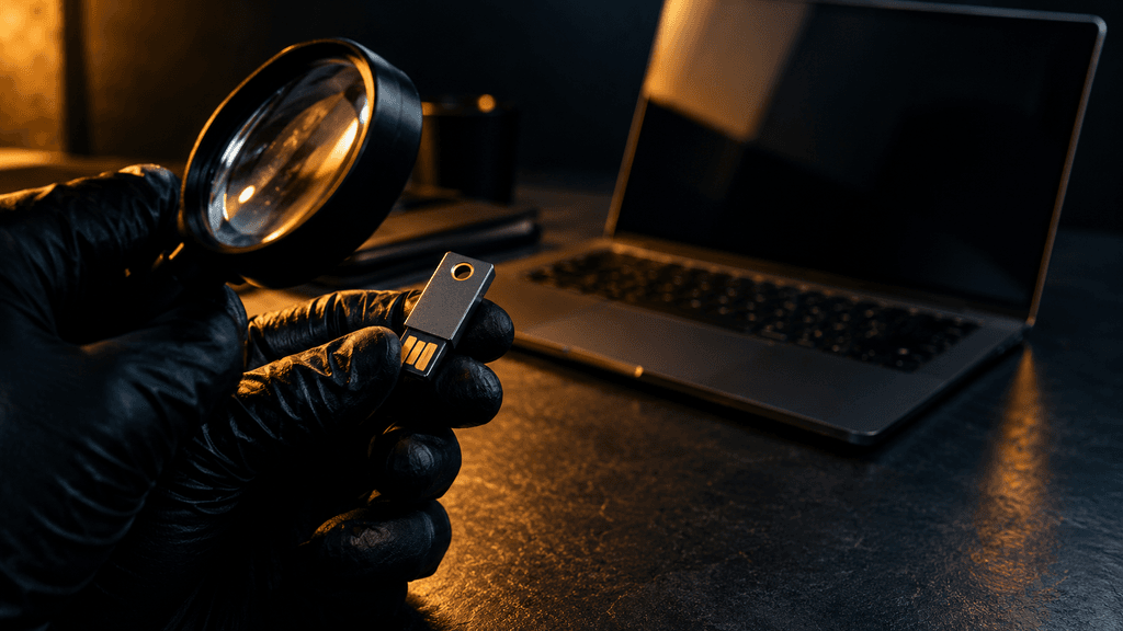 Close-up of a gloved hand inspecting an unbranded USB security key through a magnifying glass, with a laptop showing a dark privacy-filtered screen in the background, lit with dramatic warm amber and deep shadows.