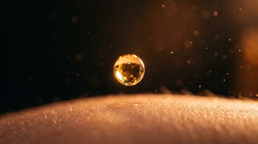 Perfume_droplet_falling_on_skin_20260913125046 close-up of perfume droplet on skin
