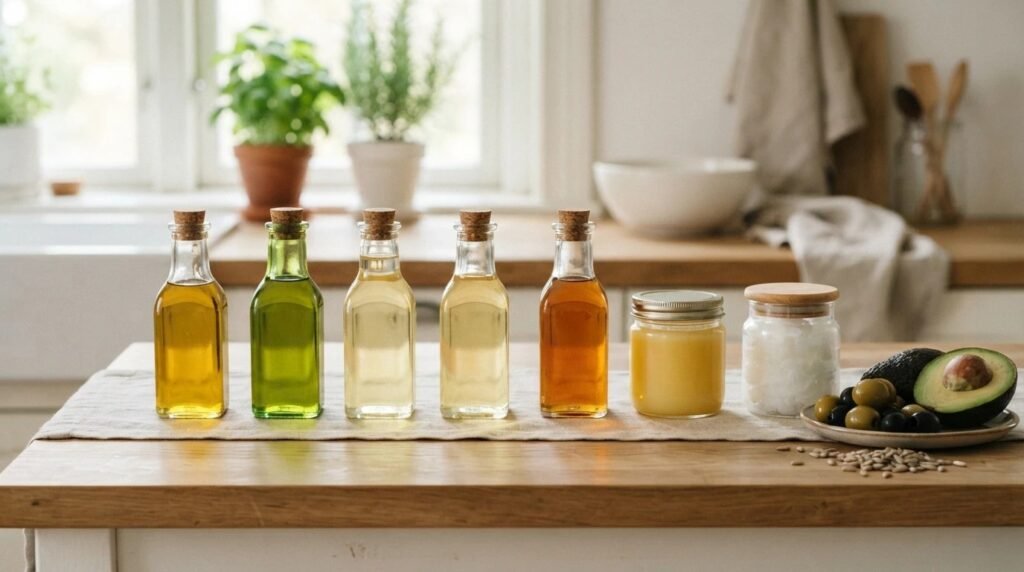 Seven cooking oils in a row: olive, avocado, canola, sunflower and peanut oil, ghee and coconut oil