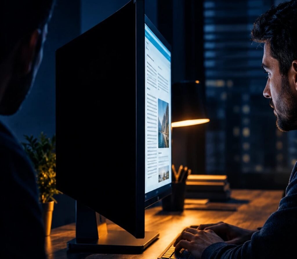 Monitor privacy screen blacking out the display from the side while the user sees it clearly from the front
