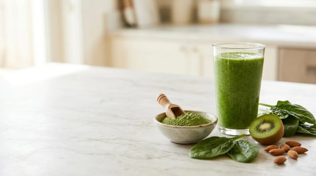 Glass of green superfood drink with green powder, spinach, kiwi and almonds on a marble counter