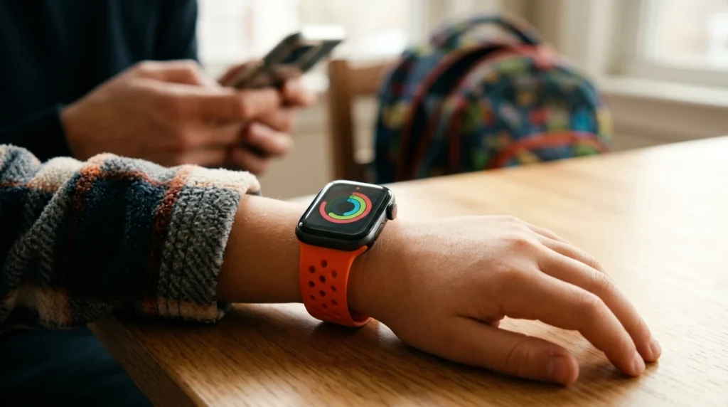 A child's wrist wearing a smartwatch with an orange sport band on a wooden table, with a parent holding a phone in the background