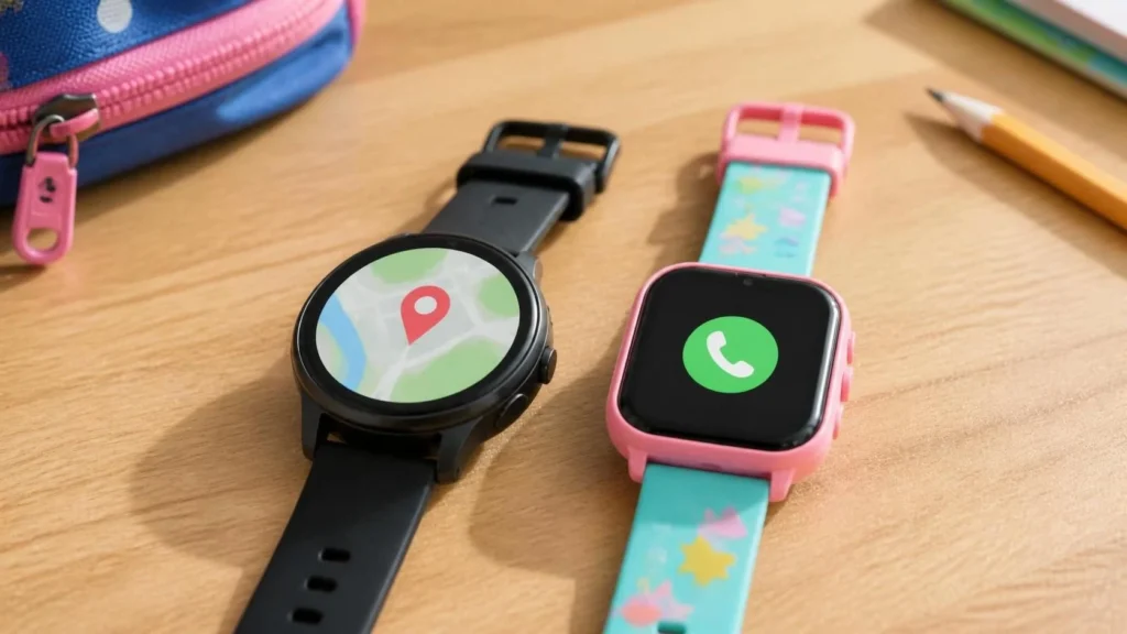 Two kids' smartwatches on a wooden desk, a black round watch showing a map pin and a pink square watch showing a call icon