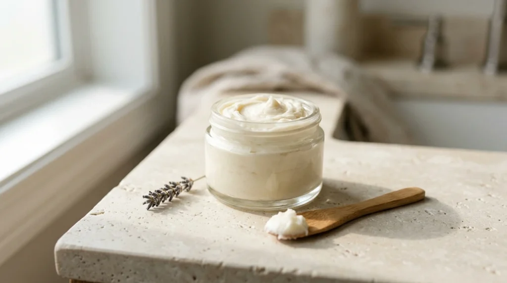 Jar of whipped beef tallow balm on a stone bathroom counter with a wooden spatula