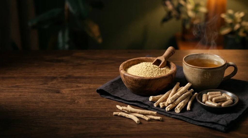 Ashwagandha roots, root powder, herbal tea and capsules on a wooden table