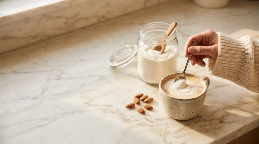 Hand stirring collagen powder into a latte on a marble counter