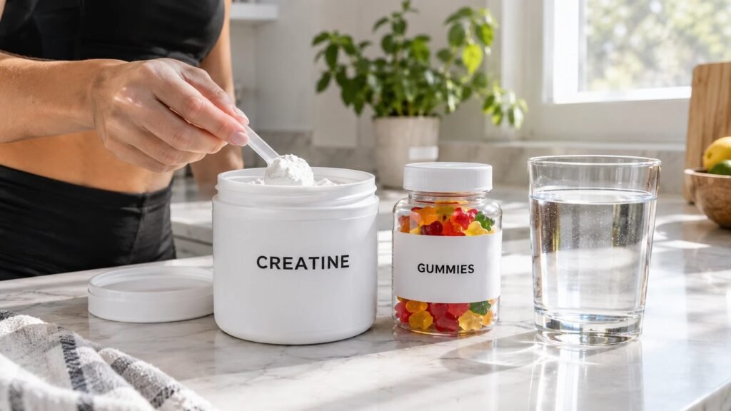 A woman scooping creatine monohydrate powder from a tub next to a jar of creatine gummies and a glass of water