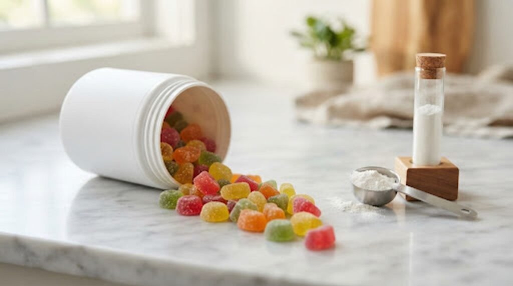 Creatine gummies spilling from a white supplement jar next to a scoop of creatine powder and a test tube