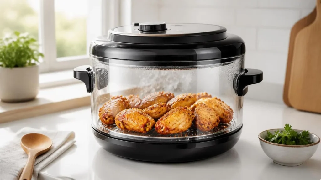 Glass air fryer on a kitchen counter with chicken wings cooking inside the clear glass bowl