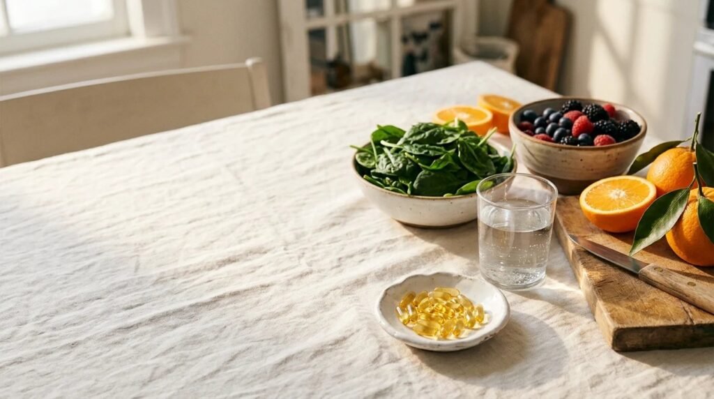 Healthy breakfast table with fruit, spinach and a dish of vitamin capsules