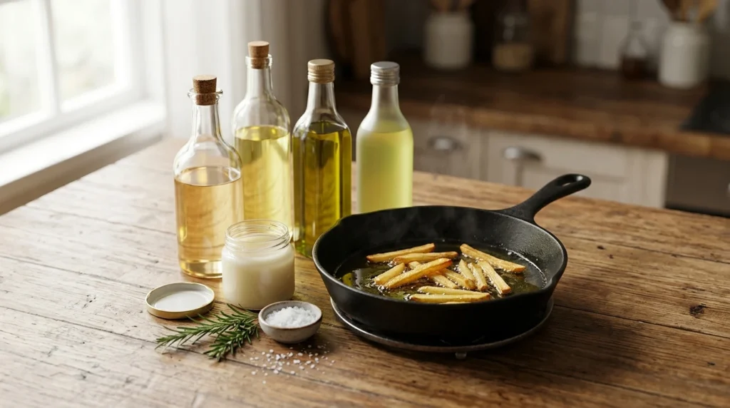 Cooking oils for frying next to a frying pan: peanut, sunflower, avocado and olive oil