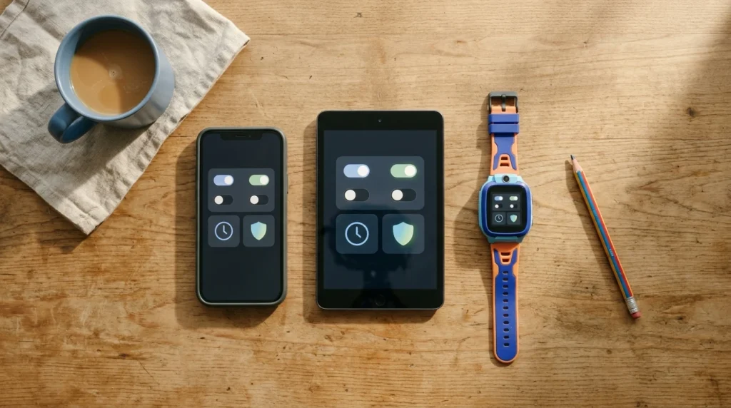 A smartphone, a tablet and a kids' smartwatch on a wooden table, each showing parental control settings
