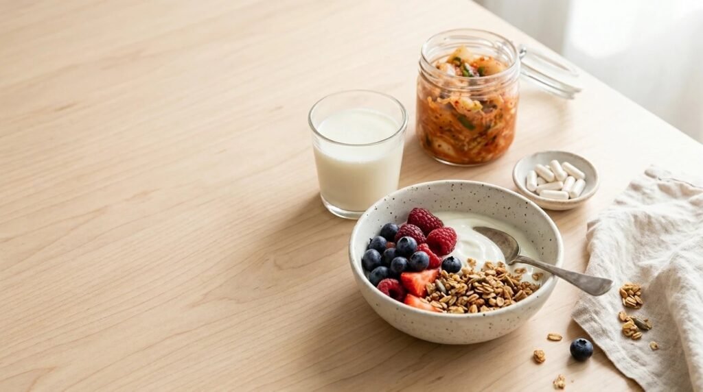Greek yogurt with berries, kefir, kimchi and probiotic capsules