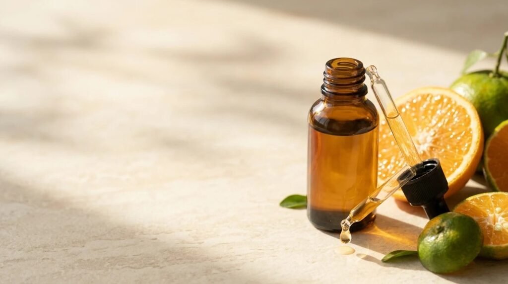 Amber dropper bottle of vitamin C serum with sliced oranges and green tangerines in morning sunlight