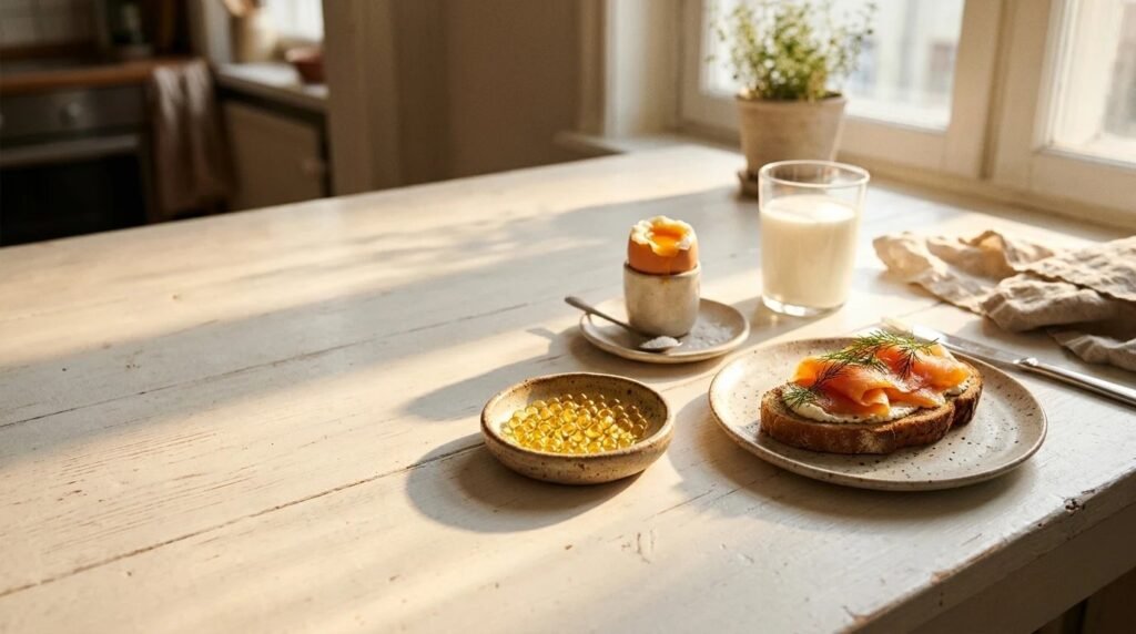 Vitamin D softgels on a sunny breakfast table with egg, milk and salmon toast