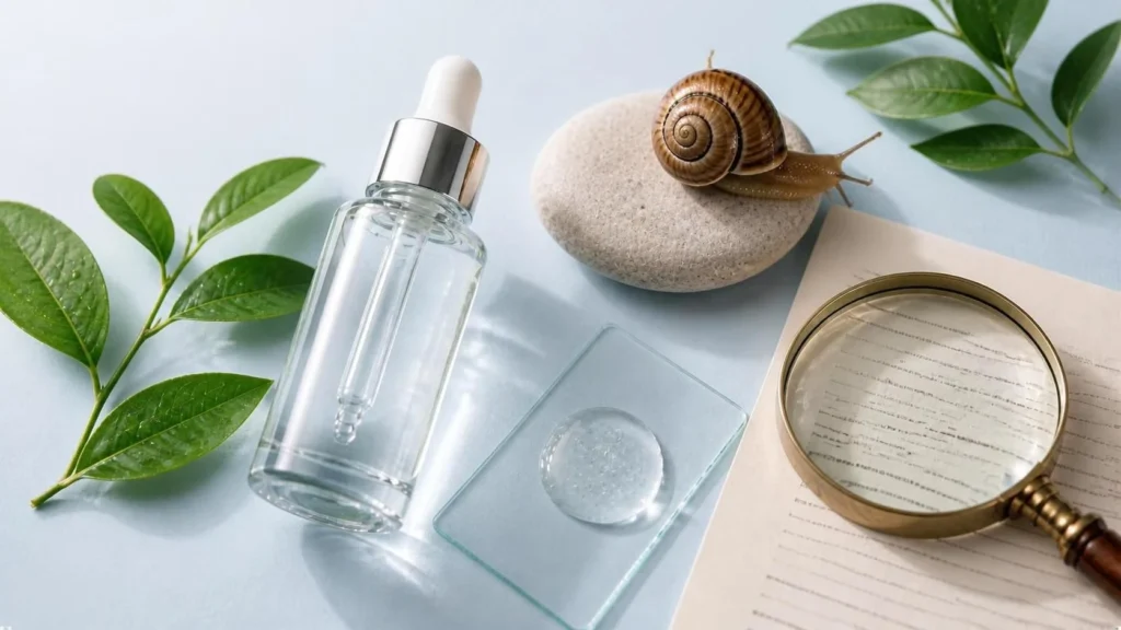 Clear dropper serum bottle, a drop of clear gel on a glass slide, a snail on a stone and a magnifying glass over an ingredient list