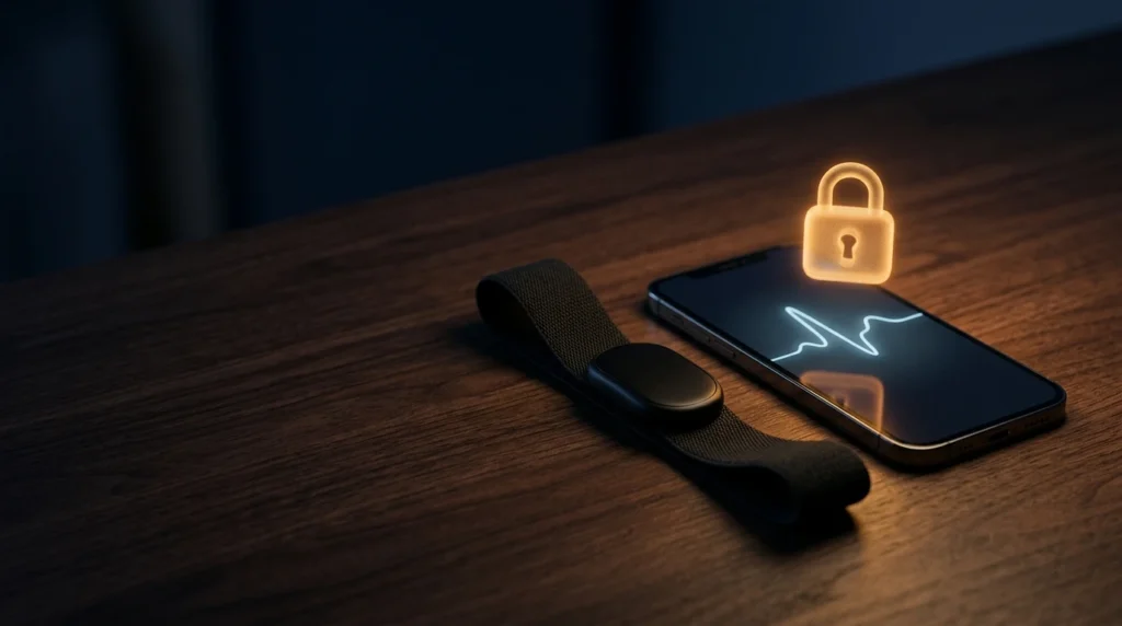Screenless fitness strap next to a phone showing a heart rate line, with a glowing padlock symbol for privacy