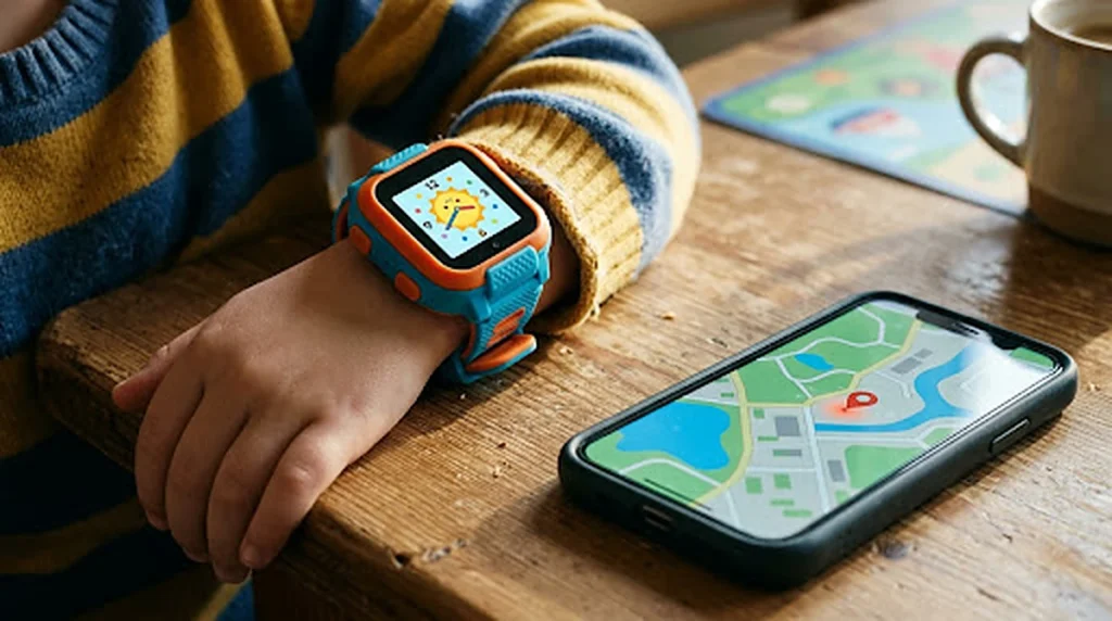 A child wearing a colorful kids' smartwatch at a wooden table, next to a parent's phone showing a map with a location pin