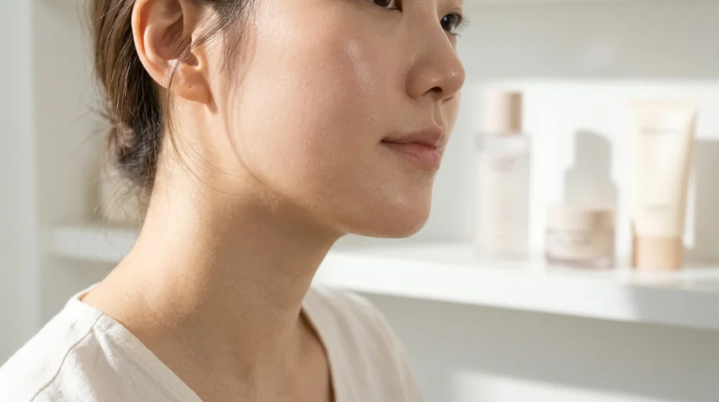 Woman with dewy, hydrated glass skin in soft window light, skincare bottles on a shelf behind her