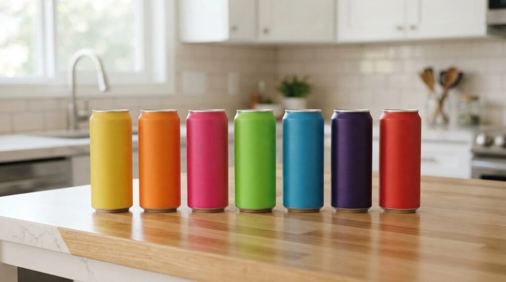 A row of colorful unbranded energy drink cans on a kitchen counter