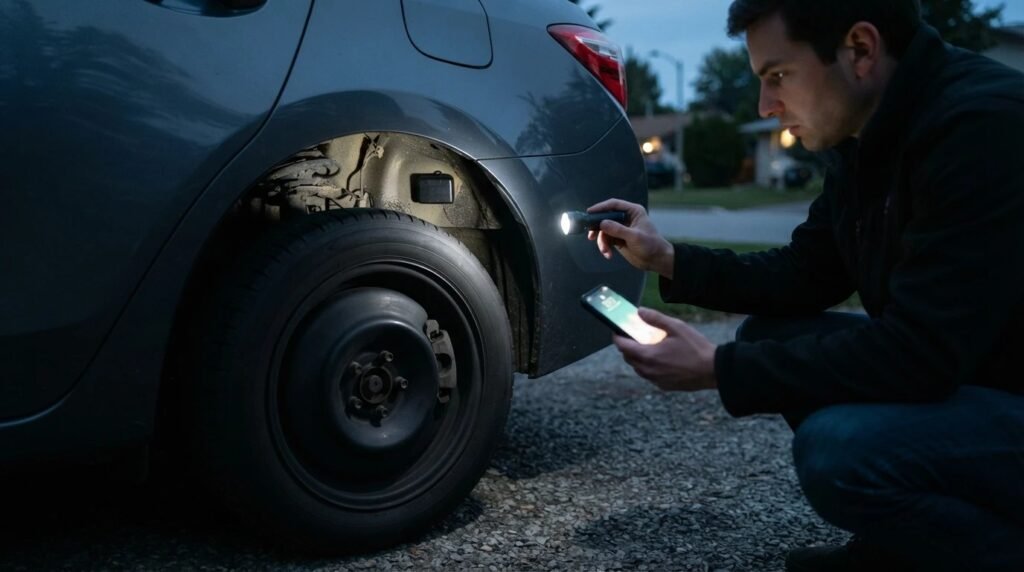 Person checking inside a car's wheel arch with a flashlight and phone, with a small black GPS tracker stuck to the metal